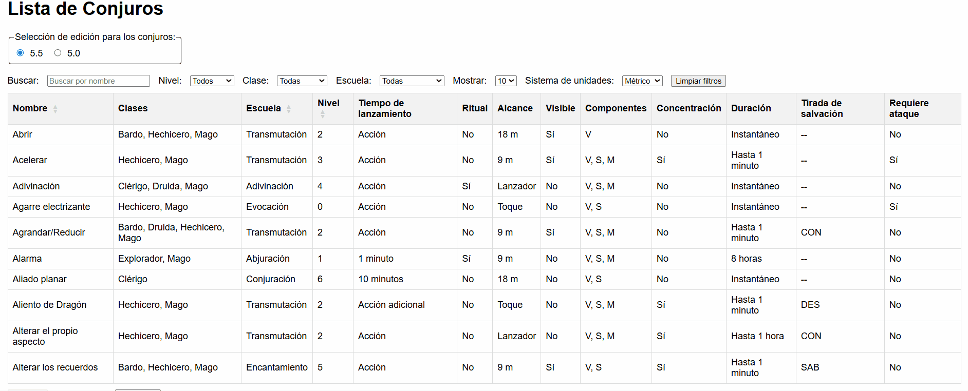 Animation displaying the table, searching in real time and opening a spell